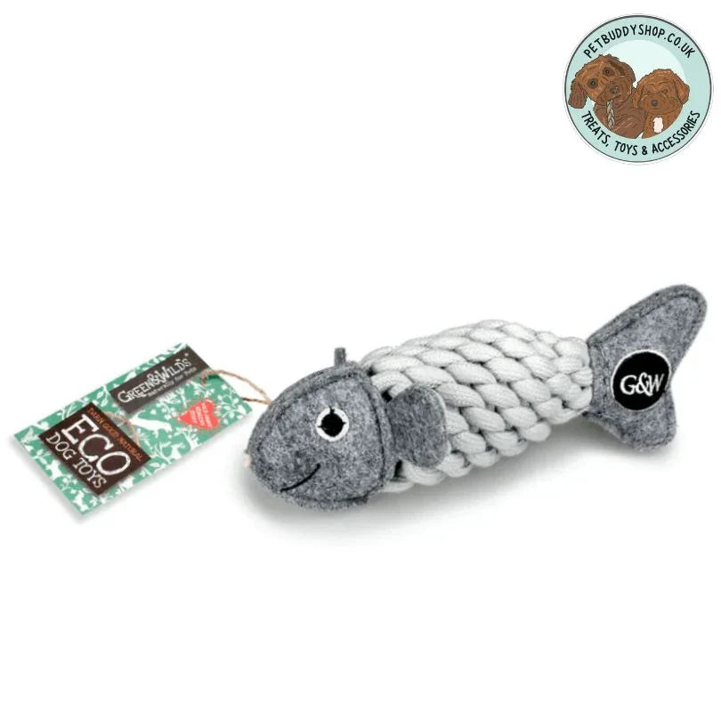 Green & Wilds Roger Ropefish Eco Dog Toy. With a recycled bottle inside, it's a great toy for playtime and enrichment.