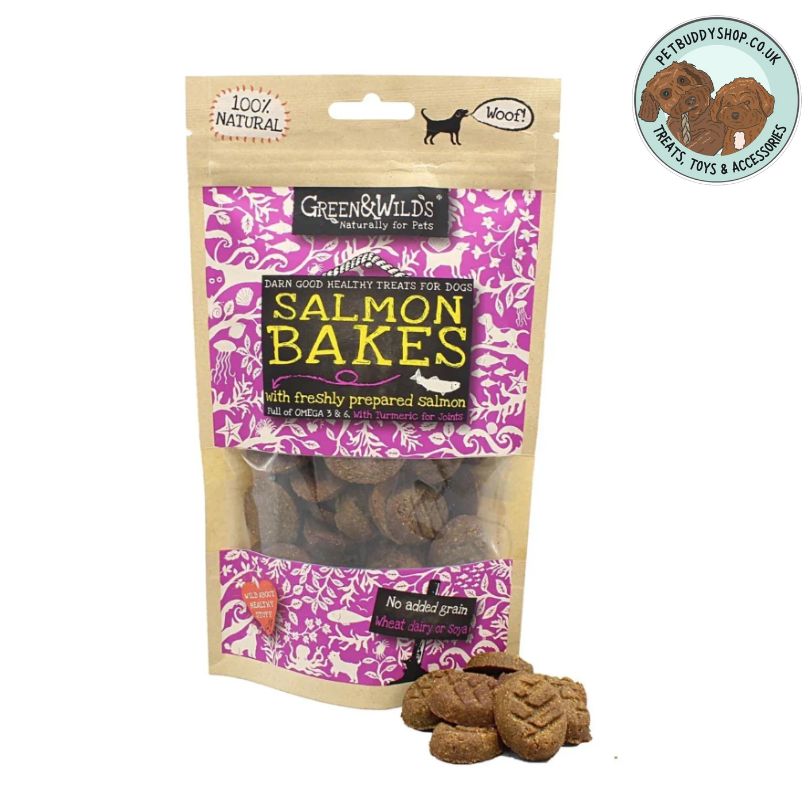 Green & Wilds Salmon Bakes dog treats, a great training treat full of omega 3&6, made with freshly prepared salmon, available at PetBuddy.