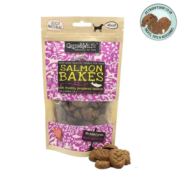 Green & Wilds Salmon Bakes dog treats, a great training treat full of omega 3&6, made with freshly prepared salmon, available at PetBuddy.