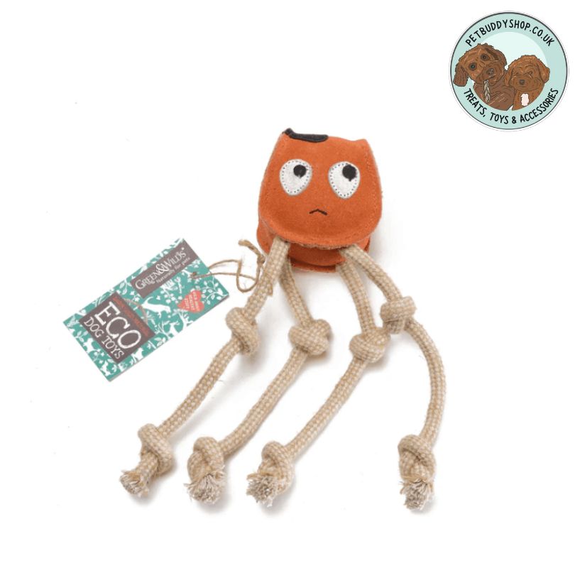 Green & Wilds Sid The Squid Eco Dog Toy, made from jute and suede with 4 rope legs that are great for playing tug with.