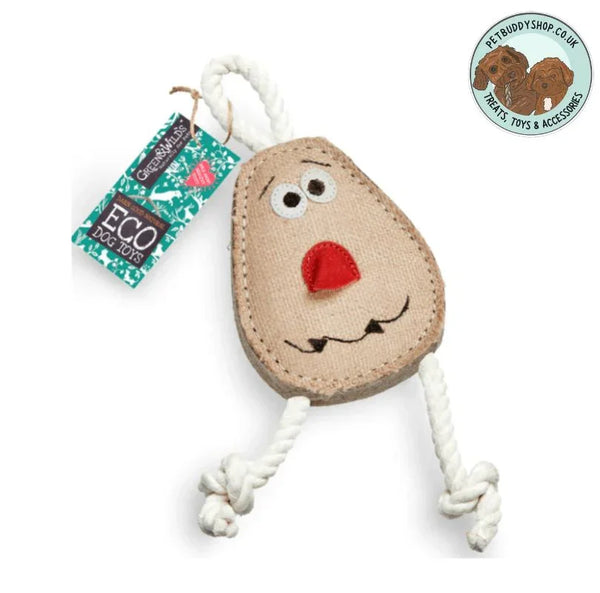 Green & Wild’s eco-friendly Spudnik dog toy made from natural jute and suede with rope ends – durable, non-toxic chew toy for dogs, sustainable and plastic-free pet toy for playtime and dental health.