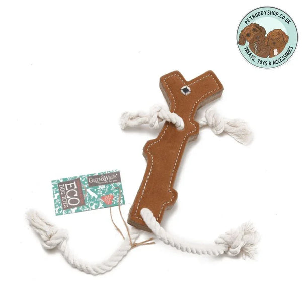 Green & Wilds Stick Man Eco Dog Toy, a large dog toy made with by-products and natural fibres, with rope arms and rope legs, he's great for throwing around and playing tug of war with.