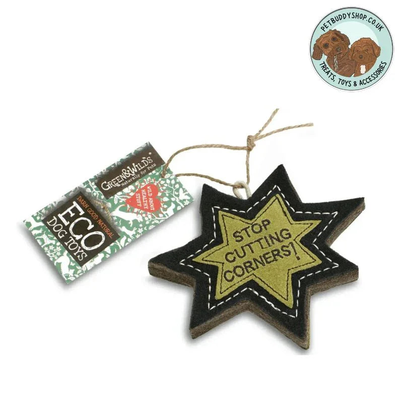 Green & Wild’s Stop Cutting Corners Eco Dog Toy – a fun star shaped dog toy made from natural jute and suede, durable, non-toxic, and plastic-free, eco-friendly toys from PetBuddy.