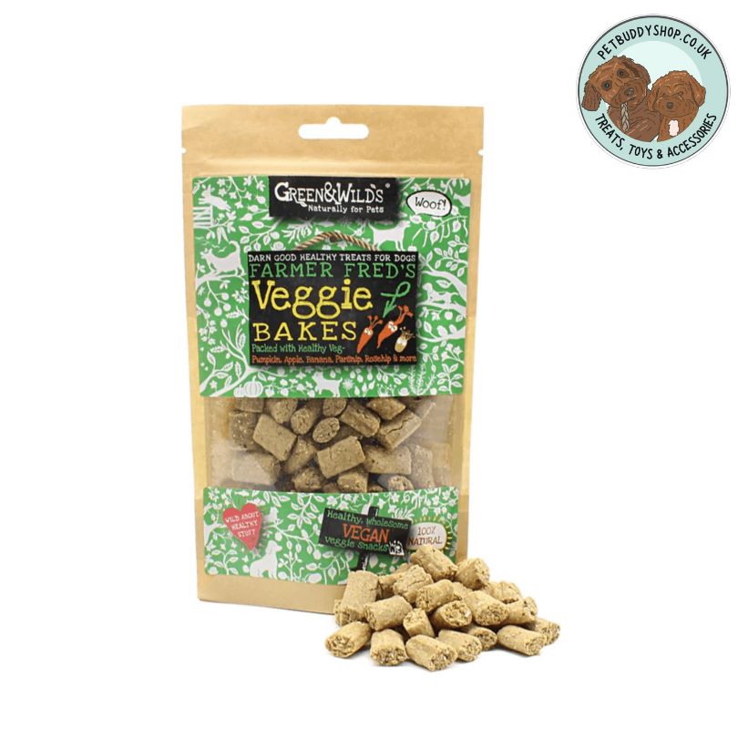 Green & Wilds Veggie Bakes Dog Treats - A vegan dog treat from PetBuddy that's full of healthy fruits and vegetables like Pumpkin, Apple, Parsnips and Bananas.