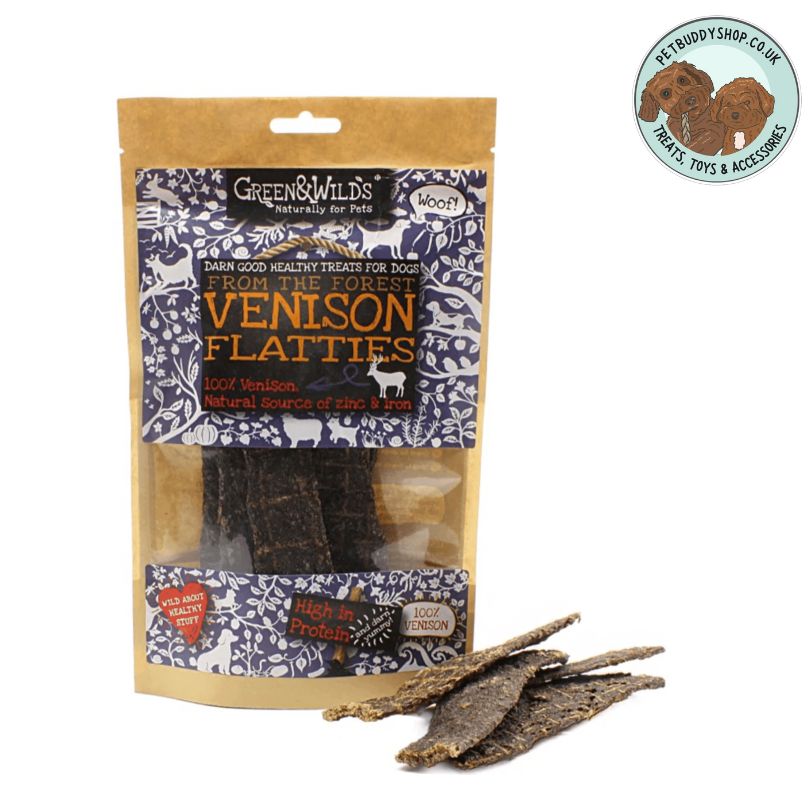 Green & Wilds Venison Flatties Dog Treats. Full of zinc and iron and high in protein, a perfect anytime soft jerky for dogs.