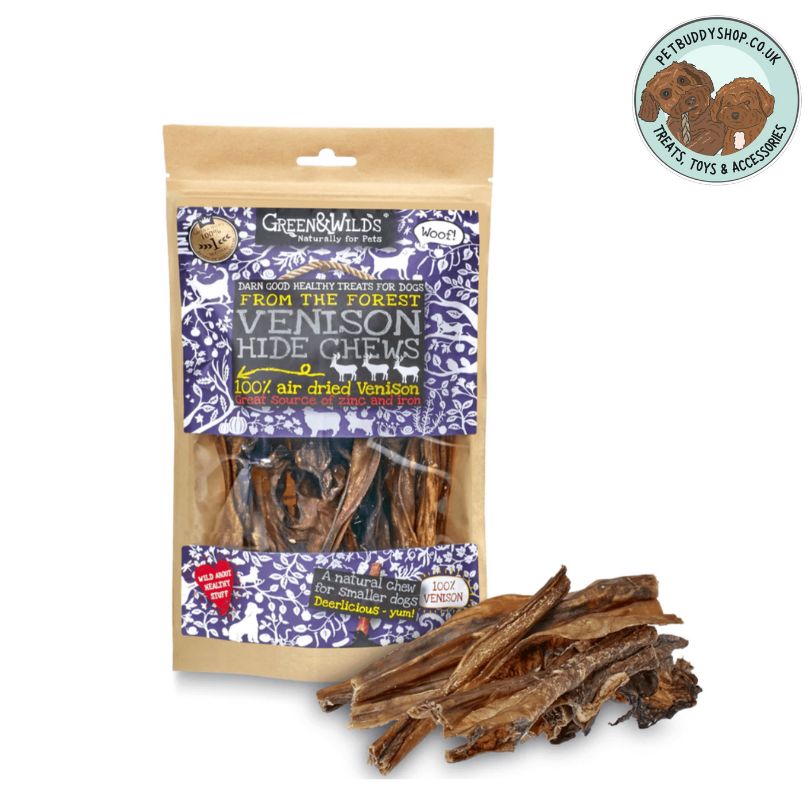 Green & Wilds Venison Hide Chews – 100% air-dried venison skin, a low fat, grain-free long lasting snack for dogs.