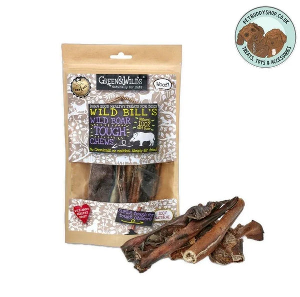 Green & Wilds Wild Boar Tough Chews, 100% natural and air-dried wild boar jerky perfect for a long lasting chew.