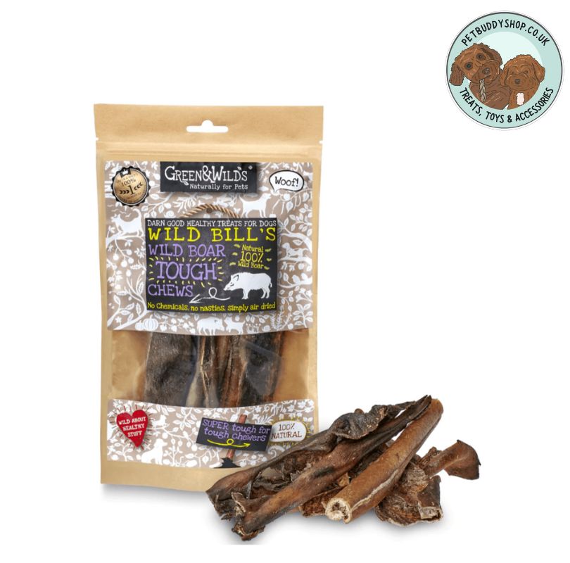 Green & Wilds Wild Boar Tough Chews. 100% natural and air dried wild boar skin, hypoallergenic, low odour and long lasting, a perfect natural dog treat.