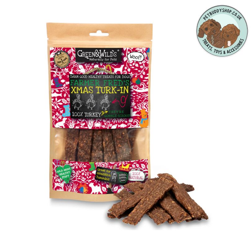 Green & Wilds Xmas Turk-In natural dog treats, delicious turkey with nothing added, no additives, preservatives, grain or gluten, a perfect anytime dog treat.