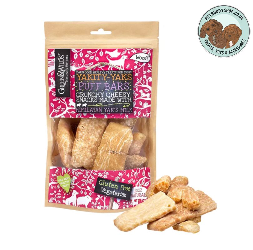 Green & Wilds Yak Puff Bars, the perfect cheesy, crunch anytime snack for your dog, available from PetBuddy.