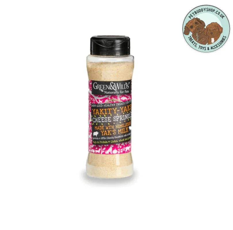 Green & Wilds Yakkity Yak Cheese Sprinkles Topper- 165ML. Brilliant as a supplement and perfect to to tempt picky dogs to eat their regular food.
