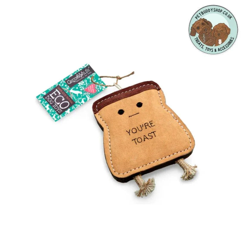 Green & Wilds You're Toast Eco Dog Toy made from Suede and Jute. A perfect gift for your dog from PetBuddy that's great for playing fetch with. 