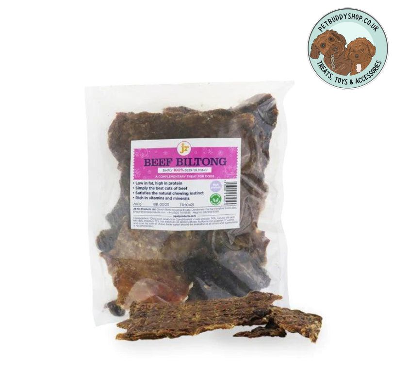 JR Pet Products Beef Biltong, a natural anytime dog treat that is 100% air dried beef meat.