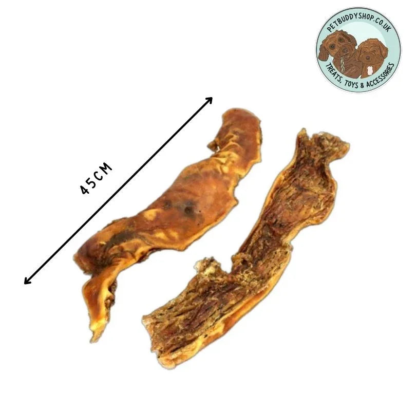 Two pieces of XL JR Pet Products Beef Crackle with a measurement label reading 45cm. Perfect for a natural long lasting dog treat and available from PetBuddy.