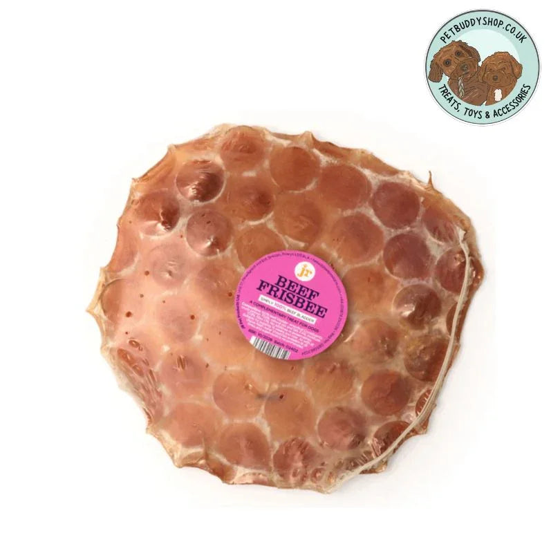 JR Pet Products Beef Frisbee dog treat, perfect for a long lasting dog chew. 