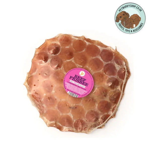 JR Pet Products Beef Frisbee dog treat, perfect for a long lasting dog chew. 