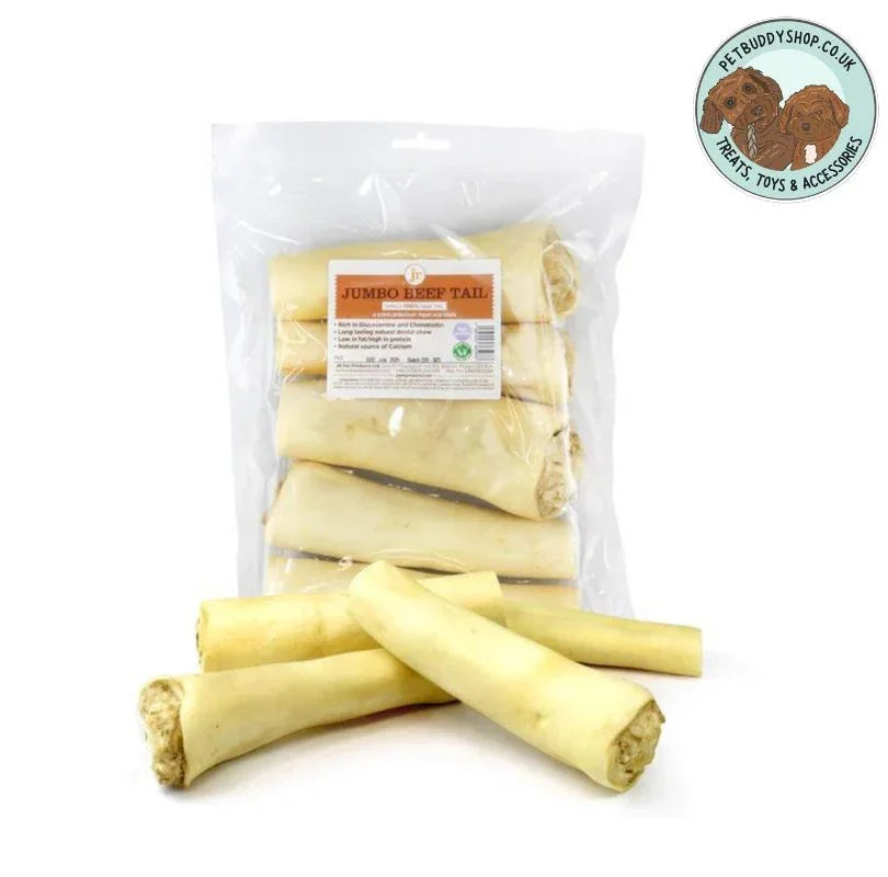 JR Pet Products Jumbo Beef Tails, a low odour, long lasting natural dog chew, available from PetBuddy.