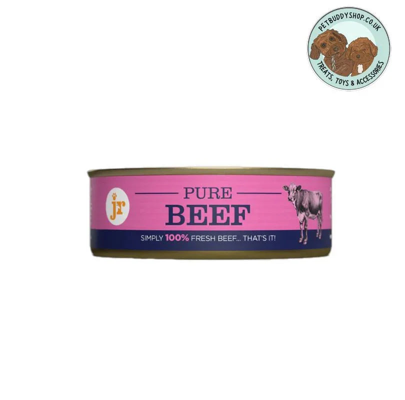 JR Pet Products tinned Beef Meat topper. Perfect for topping up your dogs's food and adding extra protein, available from PetBuddy. 