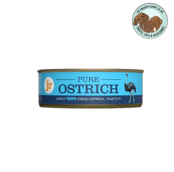 JR Pet Products tinned Ostrich Meat topper. Perfect for topping up your dogs's food and adding extra protein, available from PetBuddy. 