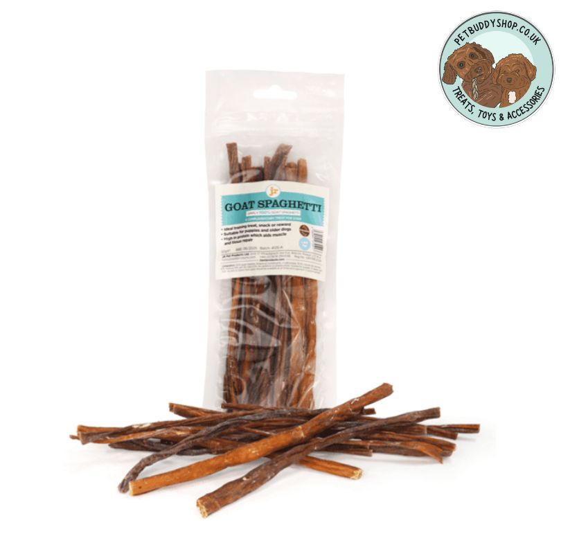 JR Pet Products Goat Spaghetti dog treats. Natural and air-dried goat intestine. High in Protein, low in fat and hypoallergenic, they are ideal for sensitive tummies.