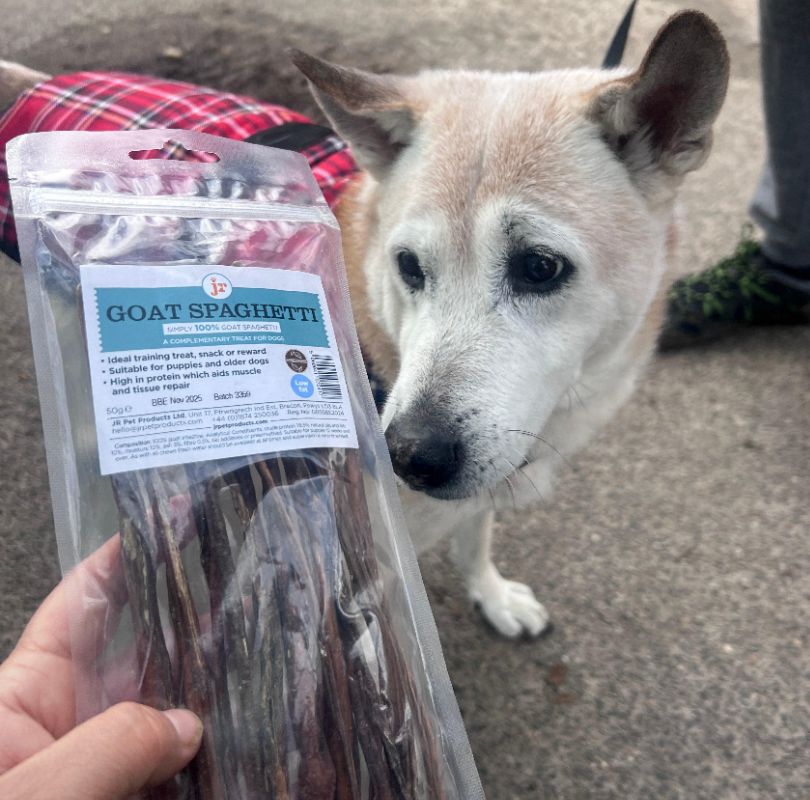 JR Pet Products Goat Spaghetti dog treats. Natural and air-dried goat intestine. High in Protein, low in fat and hypoallergenic, they are ideal for sensitive tummies.