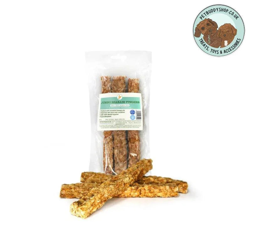 JR Pet Products Jumbo Seabass Fingers – 100% natural seabass skin chews for dogs, low-fat, great dog chew ideal for sensitive stomachs, available at PetBuddy.