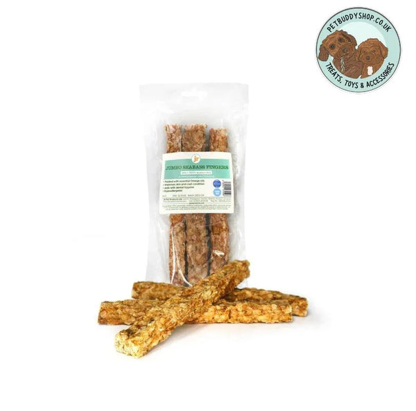 JR Pet Products Jumbo Seabass Fingers – 100% natural seabass skin chews for dogs, low-fat, great dog chew ideal for sensitive stomachs, available at PetBuddy.