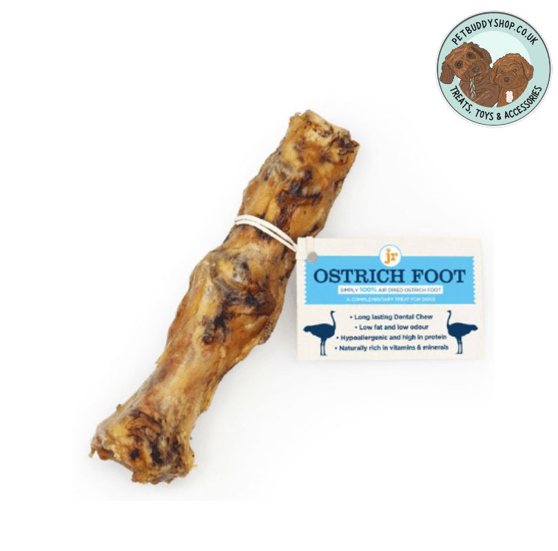 JR Pet Products Ostrich Foot dog chew. Air dried, grain and gluten free and additive and preservative free. perfect as a long lasting natural dog treat.