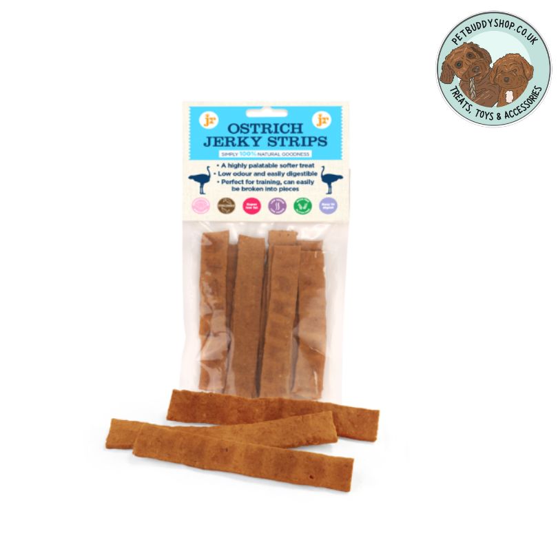 JR Pet Products Ostrich Jerky Dog Treats, a hypoallergenic soft jerky dog treat which is 100% ostrich meat. 