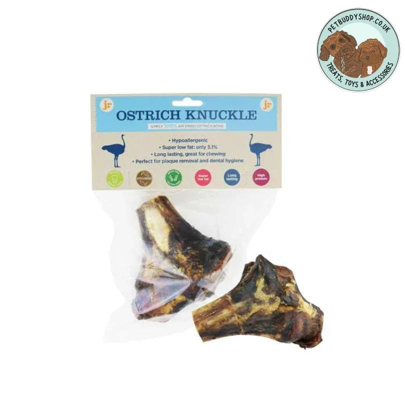 JR Pet Products Ostrich Knuckle, an odourless and large, hypoallergenic dog chew. 