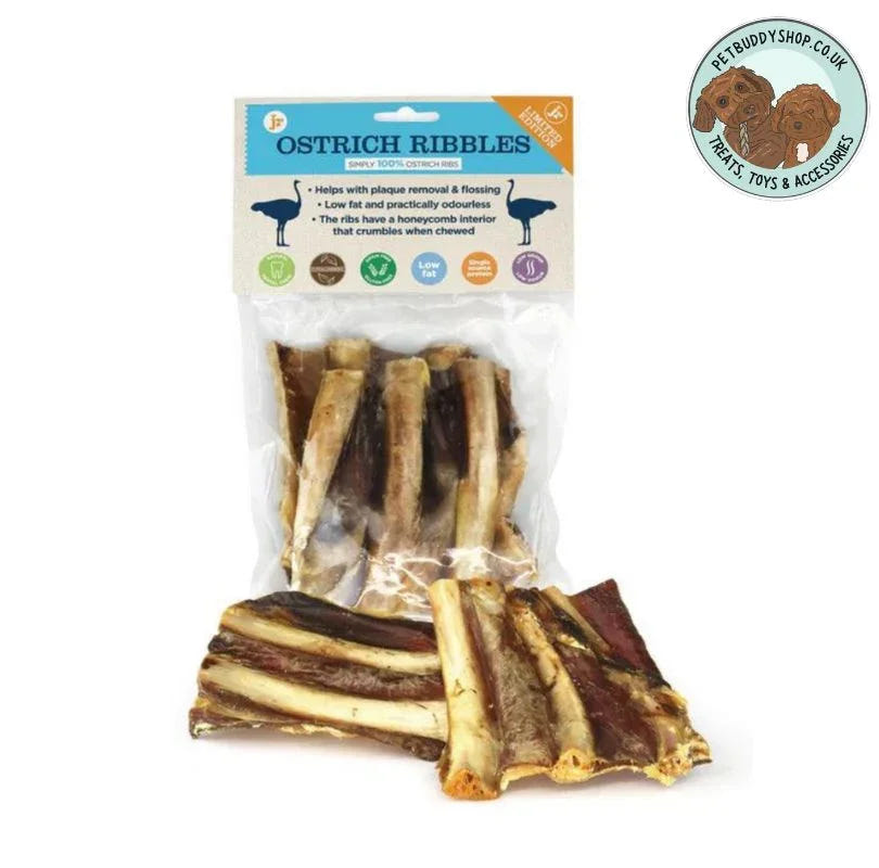 Natural JR Pet Products Ostrich Ribbles dog treats by PetBuddy – 100% ostrich ribs, healthy long-lasting chews for dogs, low fat and odourless dental treats for plaque removal and clean teeth, premium natural dog treats UK.