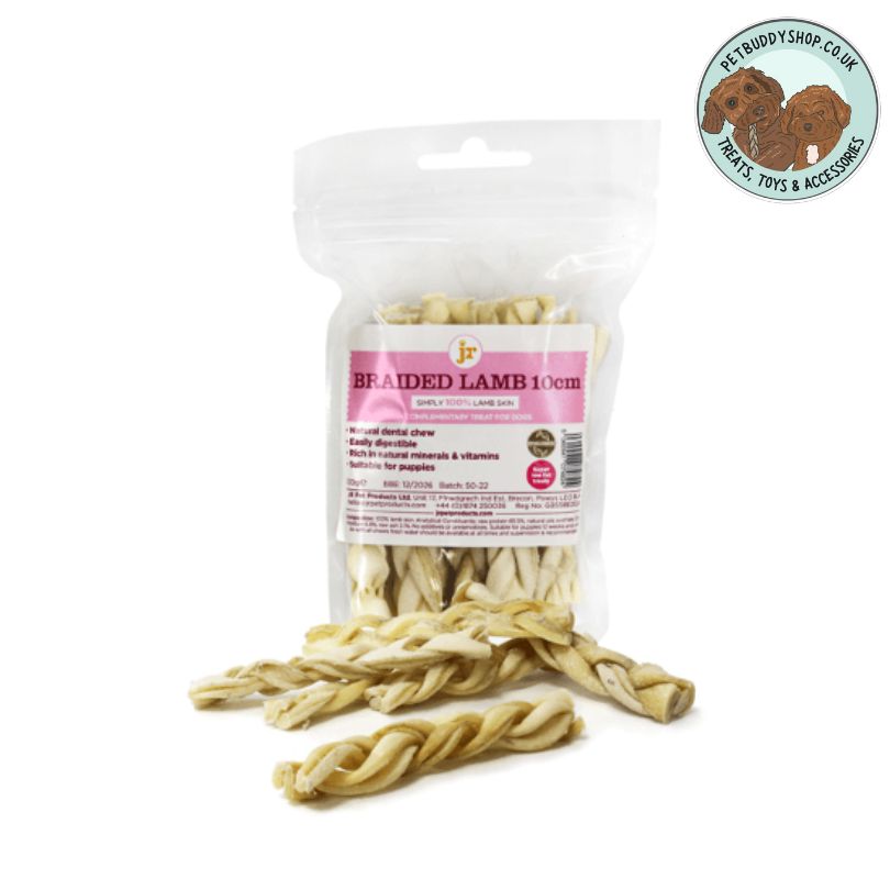 JR Pet Products Braided Lamb Skin dog treats, the perfect odourless dog chew. 