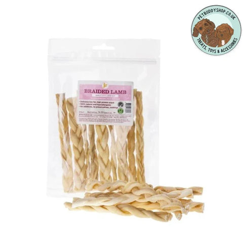JR Pet Products Braided Lamb Skin dog treats, the perfect odourless dog chew. 