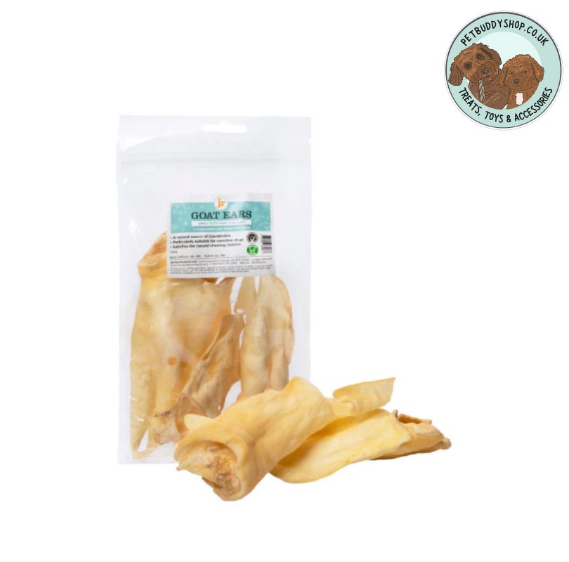 JR Pet Products Goat Ears, an odourless natural dog treat suitable for dogs of all breeds and sizes.