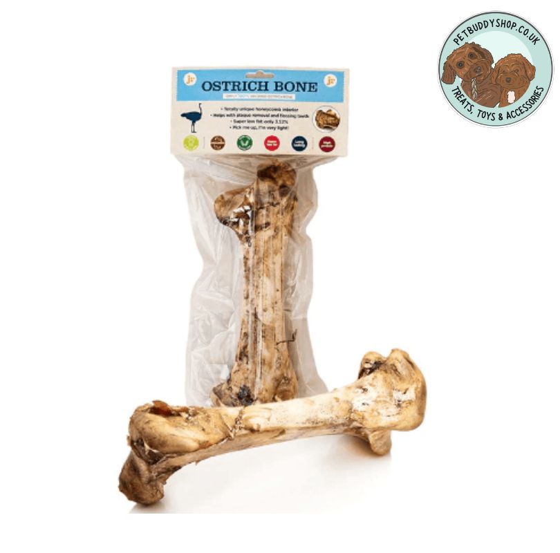 JR Pet Products Ostrich Bone dog chew. 100% natural, air-dried ostrich bone, hypoallergenic, odourless and low fat. Perfect for teeth cleaning and available at PetBuddy.
