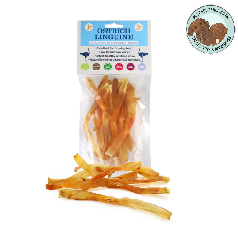 JR Pet Products Ostrich Linguine. A super low fat dog that is made from 100% air dried ostrich tendons. 