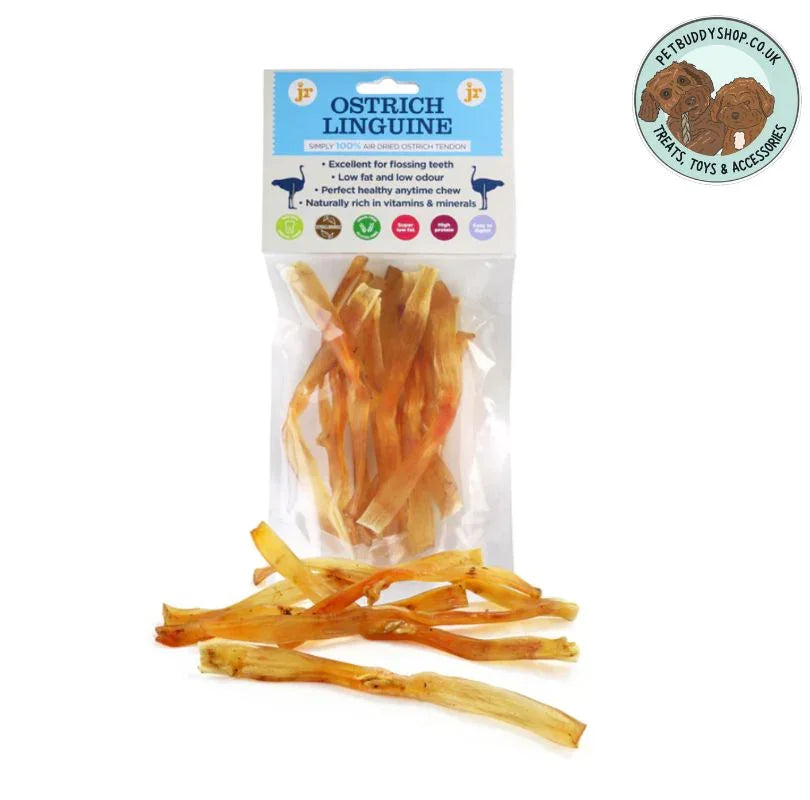 JR Pet Products Ostrich Linguine. A super low fat dog that is made from 100% air dried ostrich tendons. 
