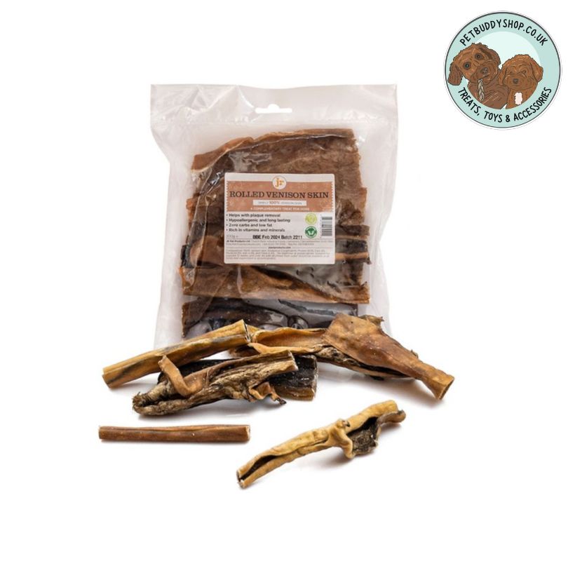 JR Pet Products Rolled Venison Skin natural dog chews, long lasting, air-dried, low odour and 100% natural, available now at PetBuddy.