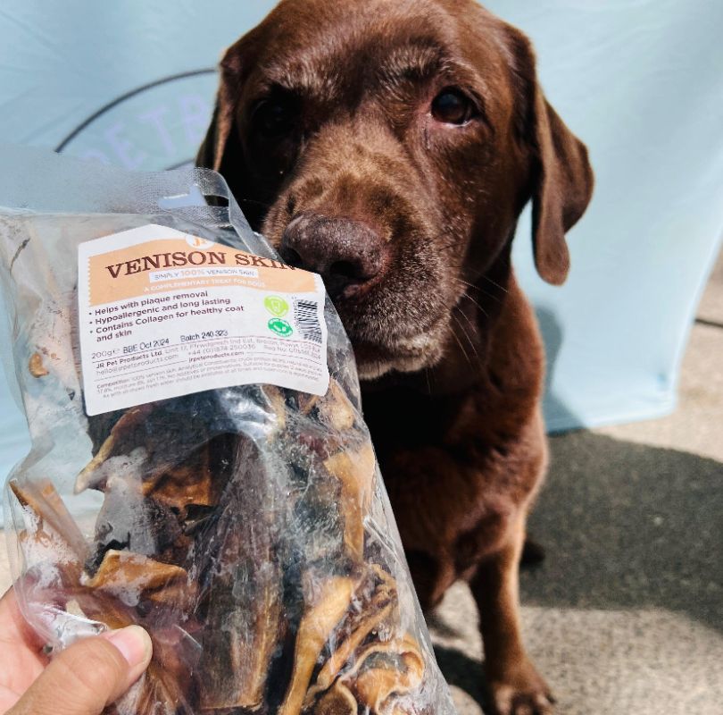 JR Pet Products Rolled Venison Skin Dog chews, long lasting, low odour and 100% natural, available now at PetBuddy.