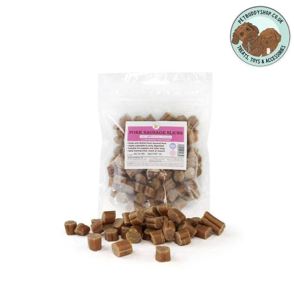 JR Pet Products Pork Sausage Slices – 100% natural pork sausage slices for dogs, low-fat, delicious treat, ideal for training dogs of all sizes and breeds, available at PetBuddy.