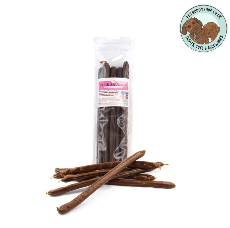JR Pet Products Pork Sausages – 100% natural pork sausages for dogs, low-fat, delicious treat, ideal for dogs of all sizes and breeds, available at PetBuddy.