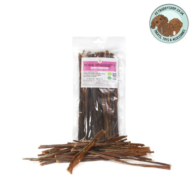 JR Pet Products Pork Spaghetti dog treats, 100% natural and air-dried pork intestines,  great as an anytime treat and perfect as cutting up for smaller dog training treats. 