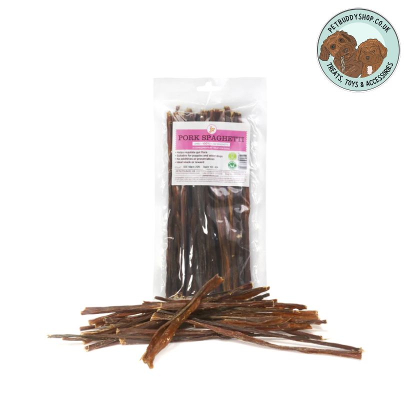 JR Pet Products Pork Spaghetti dog treats, 100% natural and air-dried pork intestines,  great as an anytime treat and perfect as cutting up for smaller dog training treats. 