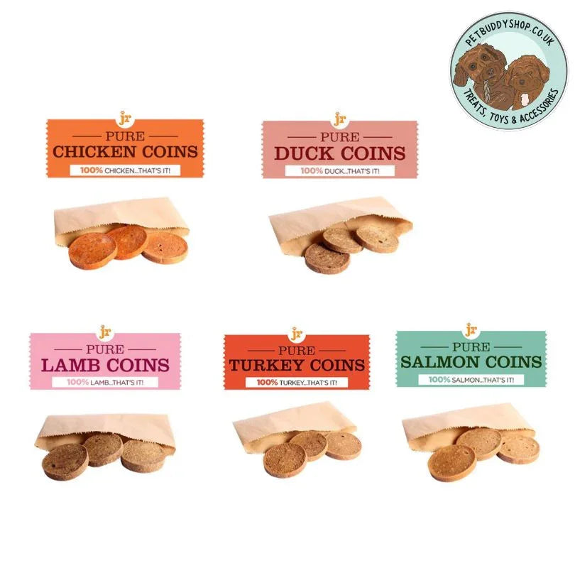 JR Pet Products Pure Meat Coins dog treats – 100% natural single-protein snacks in chicken, duck, lamb, turkey, and salmon flavours. Healthy, grain-free training treats for dogs available at PetBuddy.