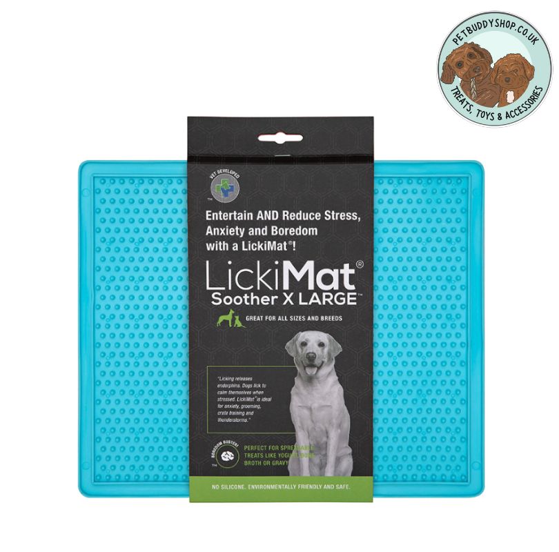 LickiMat X-Large Soother Blue - Designed with a raised, brush-tip pattern, the Soother XL is ideal for soft and liquid foods like yoghurt, purees, gravy, or wet food. 