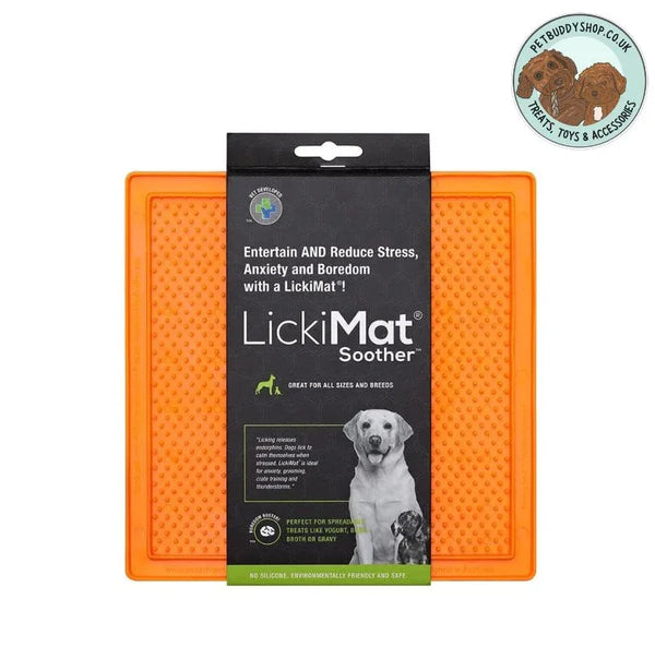 LickiMat X-Large Soother Orange - Designed with a raised, brush-tip pattern, the Soother XL is ideal for soft and liquid foods like yoghurt, purees, gravy, or wet food. 