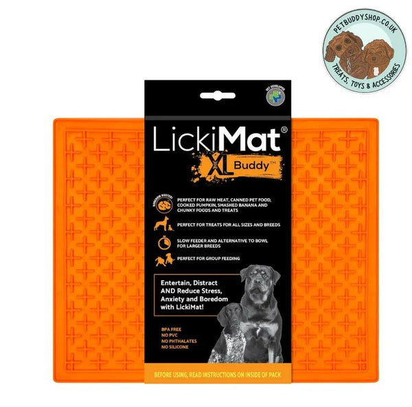 LickiMat X-Large Buddy Orange - Designed with a raised, cross-tip pattern, the Soother XL is ideal for soft and liquid foods like yoghurt, purees, gravy, or wet food. 