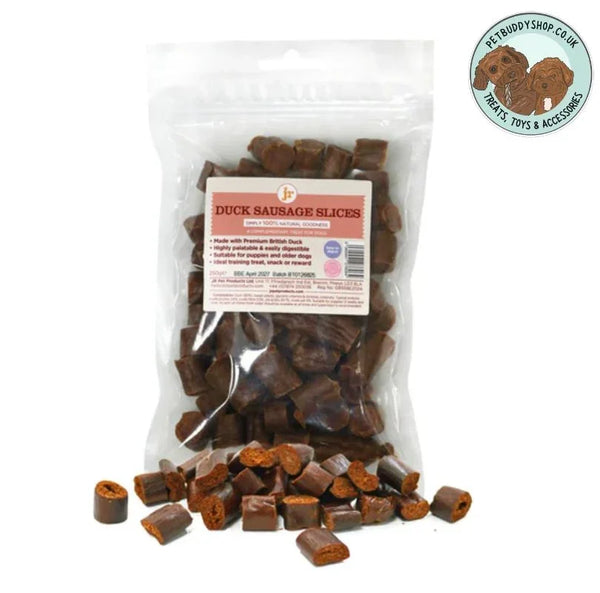 JR Pet Products Duck Sausages – 100% natural sliced duck sausages for dogs, low-fat, delicious treat, ideal for training your dog, available at PetBuddy.
