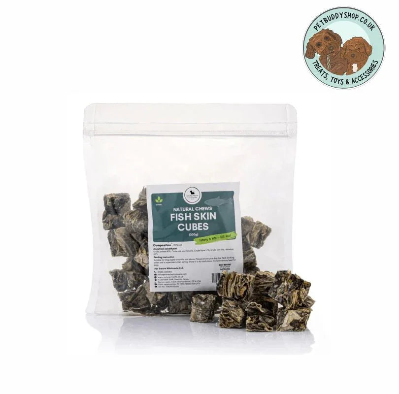 Natural Fish Skin Cubes dog treats from PetBuddy, perfect as a dog training treat.