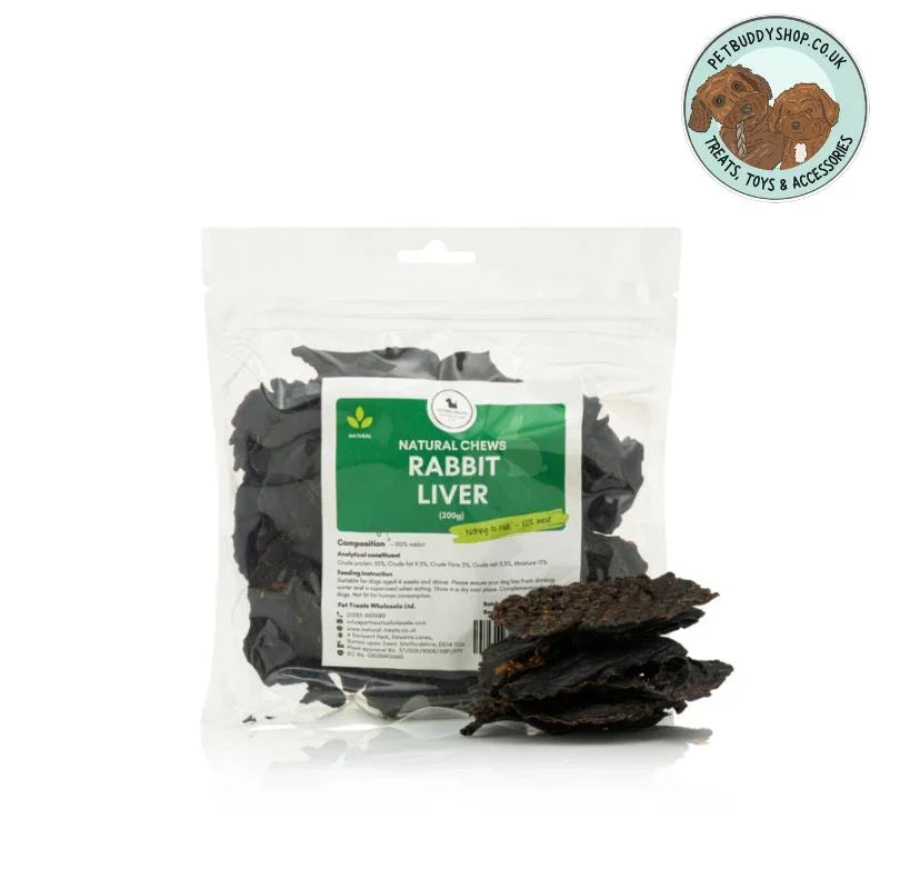 Transparent package of Rabbit Liver dog treats with a green and white label on a white background with the PetBuddy logo in the top right hand corner. 